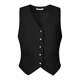 Women's Linen Vest Sleeveless Button Down V Neck Formal Business Waistcoat