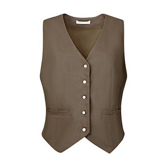 Women's Linen Vest Sleeveless Button Down V Neck Formal Business Waistcoat