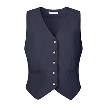 Women's Linen Vest Sleeveless Button Down V Neck Formal Business Waistcoat