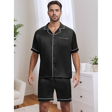 Men's Satin Pajama Sets Short Sleeves Summer 2 Piece Loungewear Pjs Sleepwear Nightwear