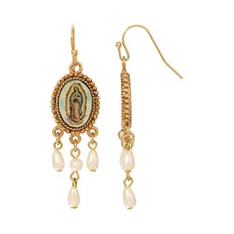 Symbols of Faith Our Lady of Guadalupe Faux Pearl Drop Earrings