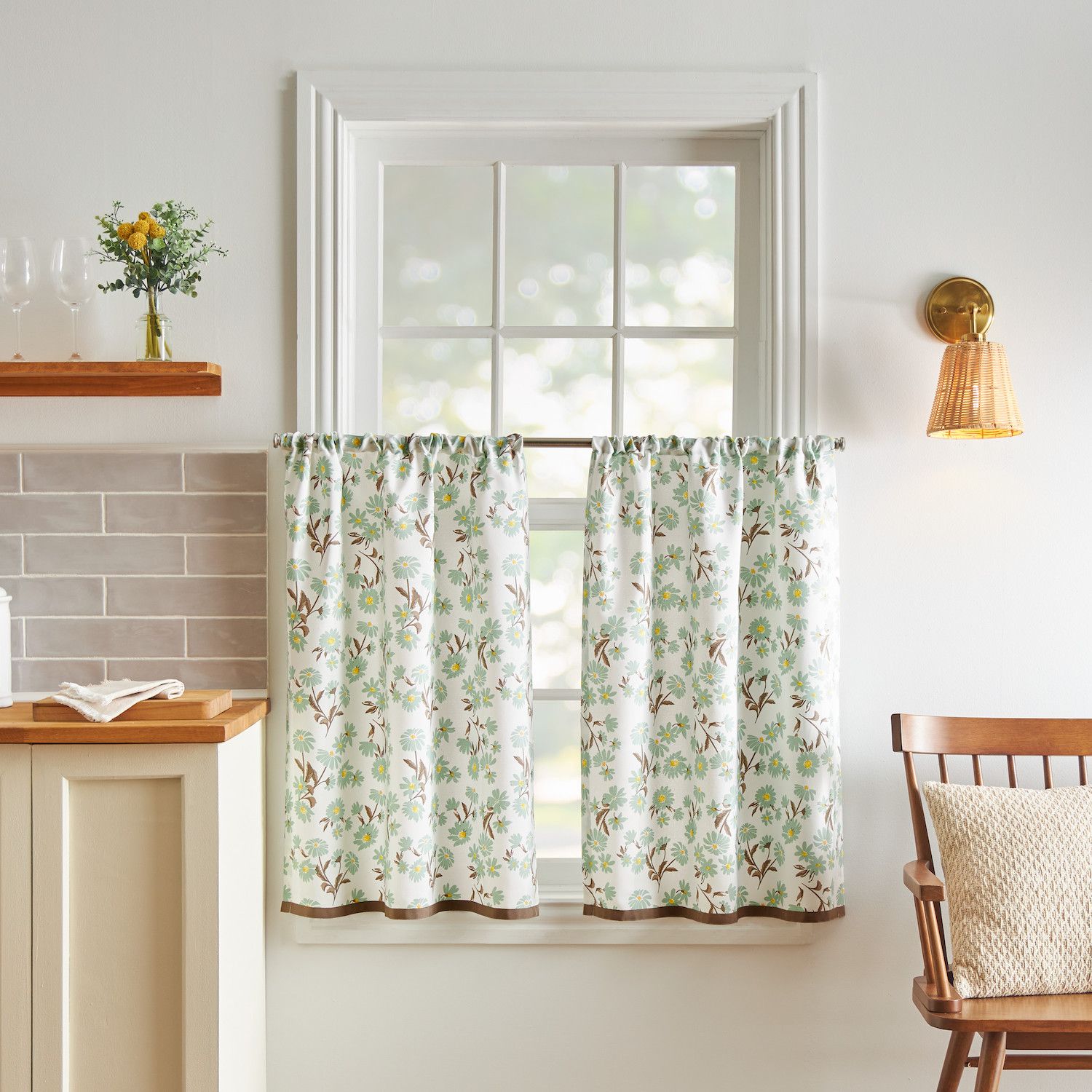 Martha Stewart Daisy Vorhang-Set - 3-teilig Mit Volant, Mintgrün, Gänseblümchen-Print