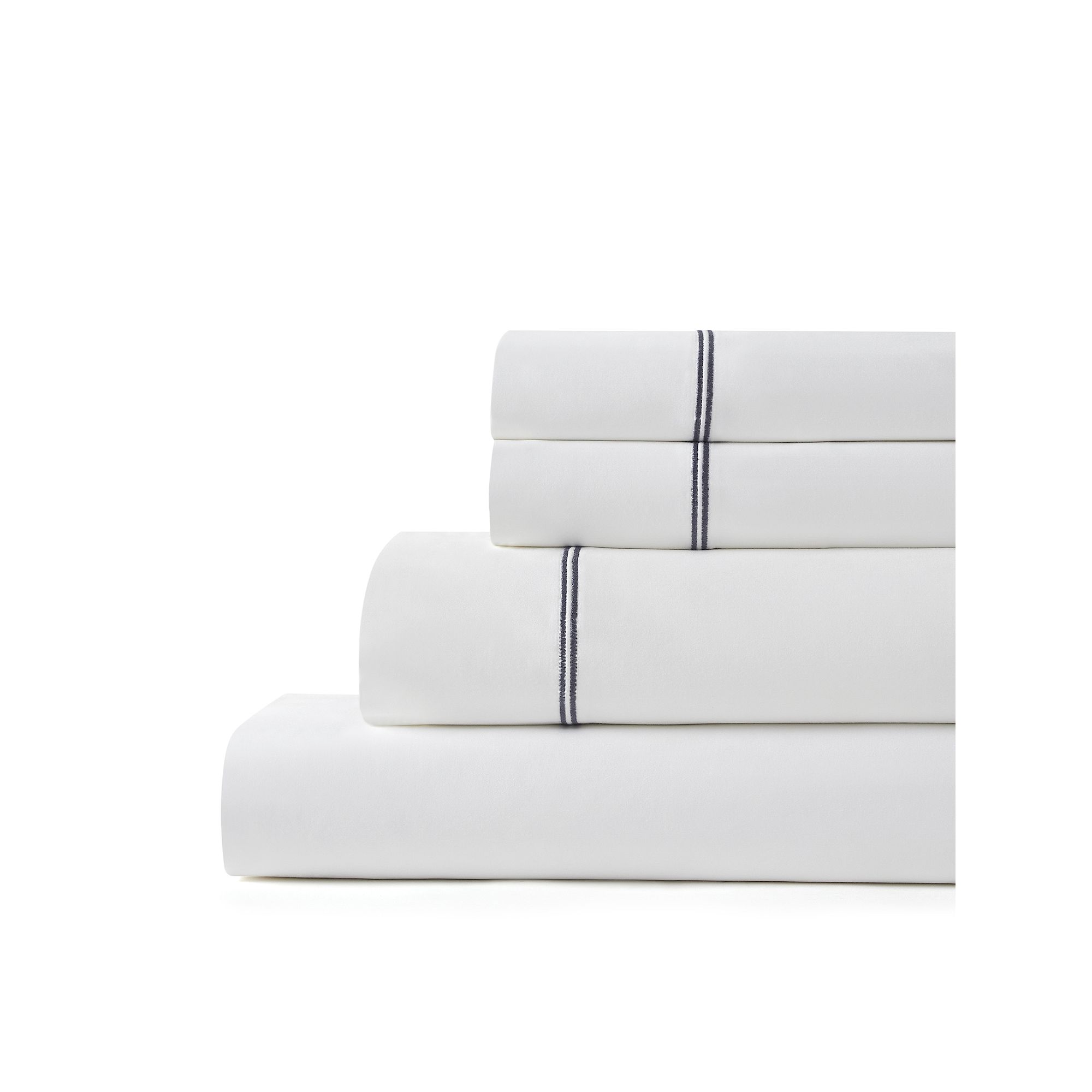 Hotelier Egyptian Cotton Blend Embroidered Sheet Set, White W Navy Emb