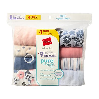 Girls Hanes® 8+1 Bonus Pack Ultimate Pure Comfort Organic Cotton Hipsters Underwear