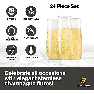 Jumblware 24 Stemless Disposable Plastic Champagne Flutes (9-oz.), Clear
