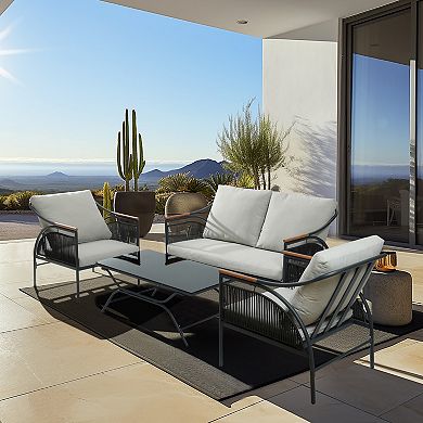 LuxenHome 4-pc Black Iron Outdoor Patio Furniture Set With Gray Cushions