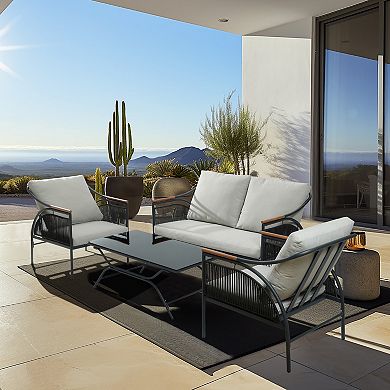 LuxenHome 4-Pc Black Iron Outdoor Patio Furniture Set with Light Gray Cushions