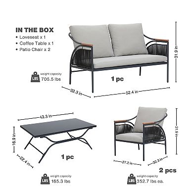 LuxenHome 4-Pc Black Iron Outdoor Patio Furniture Set with Light Gray Cushions