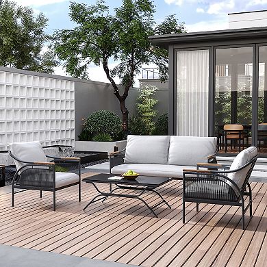 LuxenHome 4-Pc Black Iron Outdoor Patio Furniture Set with Light Gray Cushions