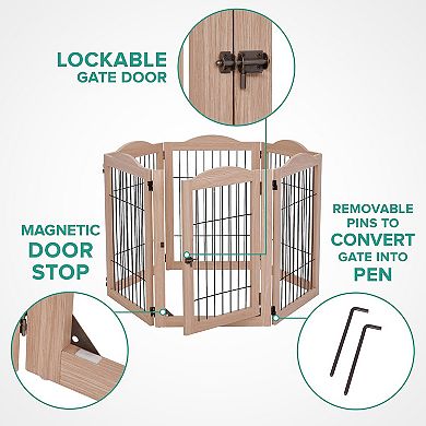 Arf Pets Freestanding Dog Gates, 6-panel Extension, 360° Foldable Dog Gate 120"wx31.5"h - Walnut