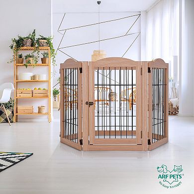 Arf Pets Freestanding Dog Gates, 6-panel Extension, 360° Foldable Dog Gate 120"wx31.5"h - Walnut