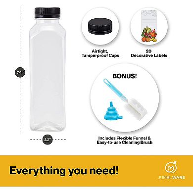 Jumblware Juice Bottles 20 Clear Plastic 16oz Reusable Bottles W/ Funnel
