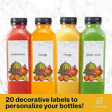 Jumblware Juice Bottles 20 Clear Plastic 16oz Reusable Bottles W/ Funnel