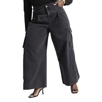 ELOQUII Women's Plus Size Wide Leg Cargo Jean