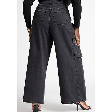 ELOQUII Women's Plus Size Wide Leg Cargo Jean