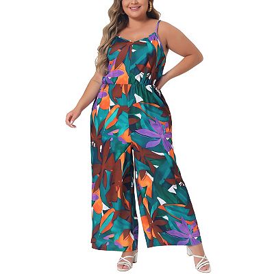 Agnes Orinda Women s Plus Size Floral V Neck Sleeveless Adjustable Spaghetti Strap Boho Wide Leg Jumpsuits Lake Blue 4X