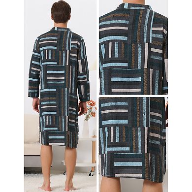 Nightshirts for Men's Long Sleeves Geometric Pattern Banded Collar Sleepshirts