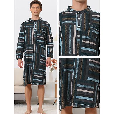 Nightshirts for Men's Long Sleeves Geometric Pattern Banded Collar Sleepshirts