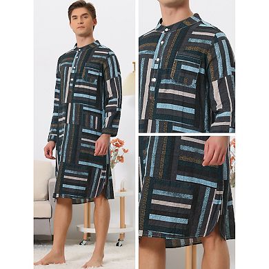 Nightshirts for Men's Long Sleeves Geometric Pattern Banded Collar Sleepshirts