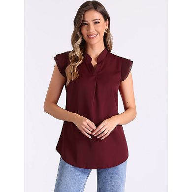 Women's V Neck Ruffle Sleeveless Blouse Solid Elegant Office Shirt
