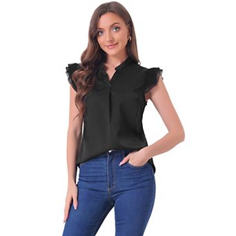 Women's V Neck Ruffle Sleeveless Blouse Solid Elegant Office Shirt
