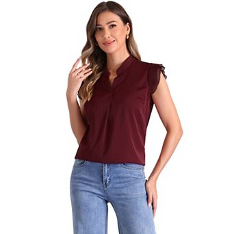 Women's V Neck Ruffle Sleeveless Blouse Solid Elegant Office Shirt
