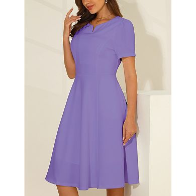 Women's Office Dresses Split Neck Short Sleeve Work A-Line Dress