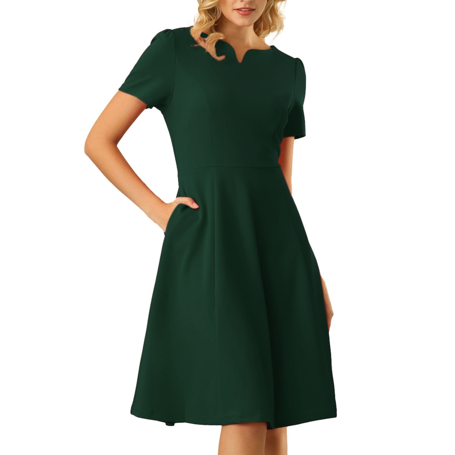 Женские платья Office Split Neck Short Sleeve Work Fit and Flare Knee Dress