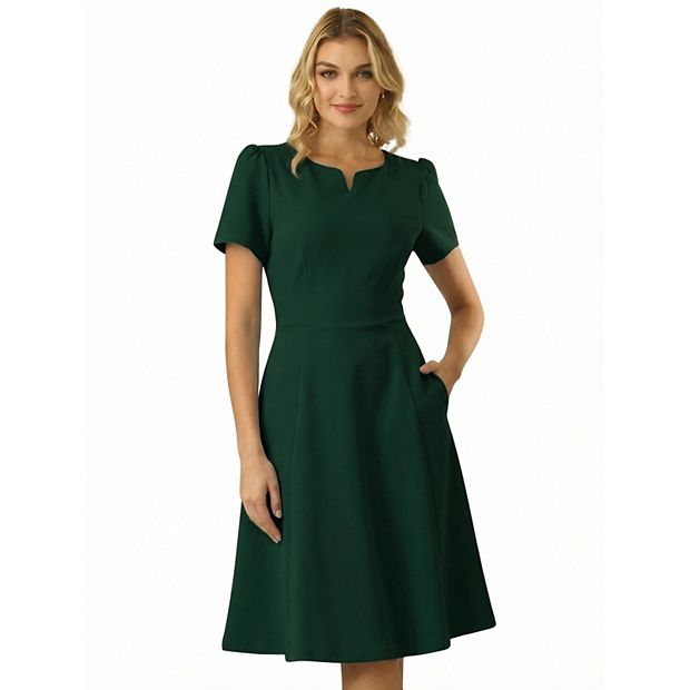One Piece Work Dresses Knee Length Women's Office Split Neck Short Sleeve  Work Fit And Flare