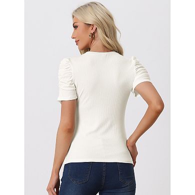 Women's Summer Round Neck Slim Fit Ribbed Ruched Sleeve T-Shirt Tops