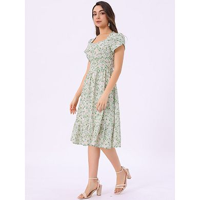 Long Dress for Women's Summer V Neck Short Sleeve Boho Floral Print Midi Dresses