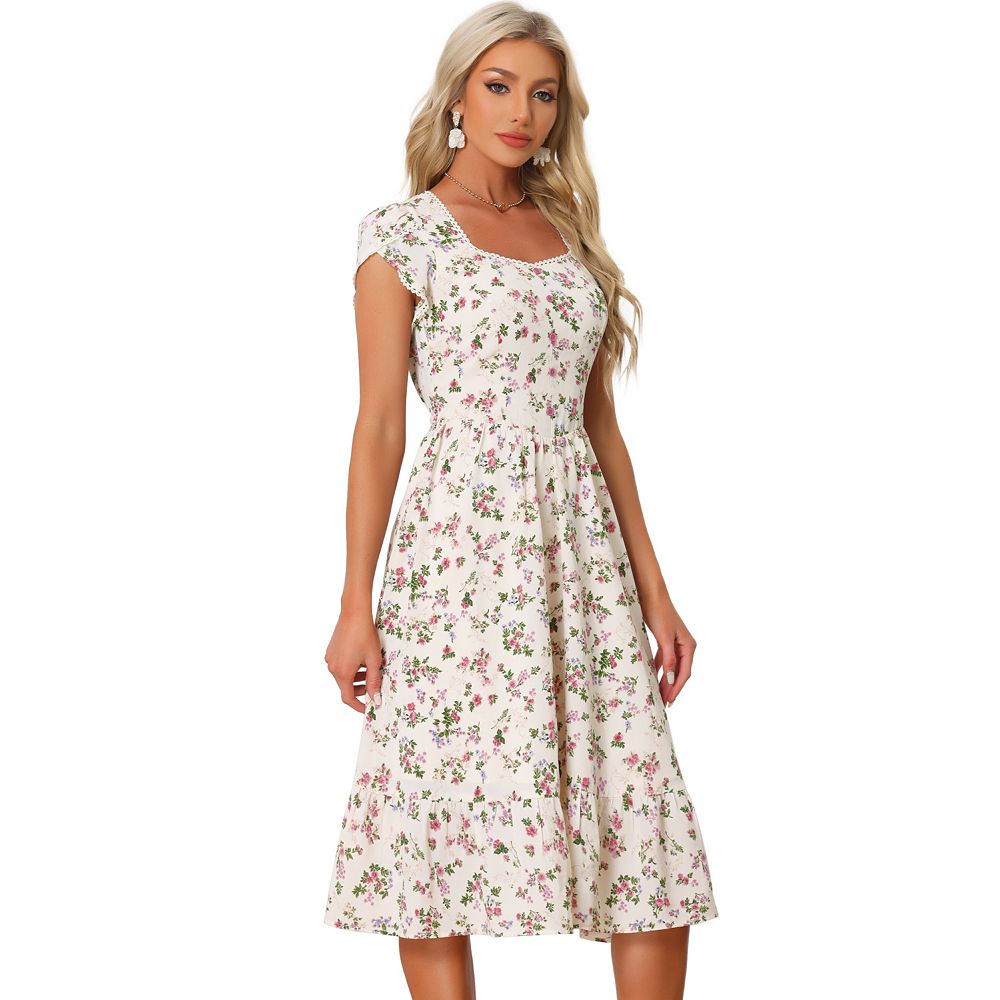 Infashule Women's Boho Floral Summer Dress - V-Neck Short Sleeve, Tie Front, Button Up