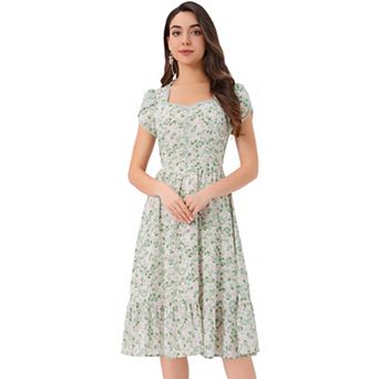 Long Dress For Women's Summer V Neck Short Sleeve Boho Floral Print Midi Dresses