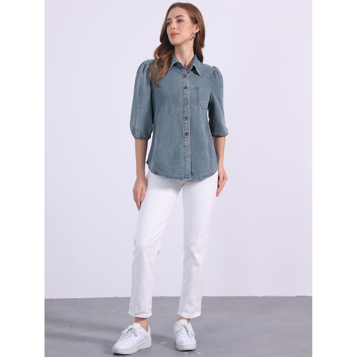 thumbnail image 2 of Women's Denim Blouses Posijego Women's Denim Shirts Short Sleeve Button Down Shirt Collared Casual Summer Tops Womens Clothes Denim Puff Sleeve Top 2 of 10