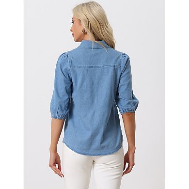 Denim Shirt for Women's 3/4 Puffy Sleeve Collar Button Down Jean Shirts