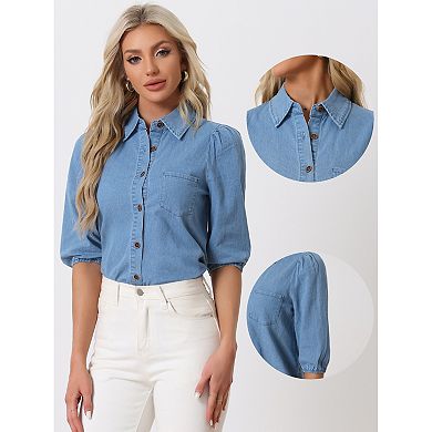 Denim Shirt for Women's 3/4 Puffy Sleeve Collar Button Down Jean Shirts