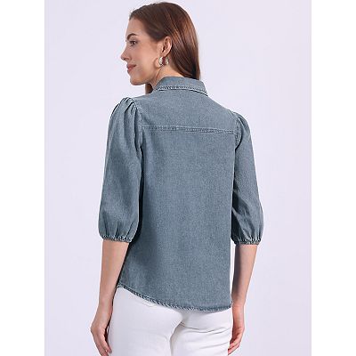 Denim Shirt For Women's 3/4 Puffy Sleeve Collar Button Down Jean