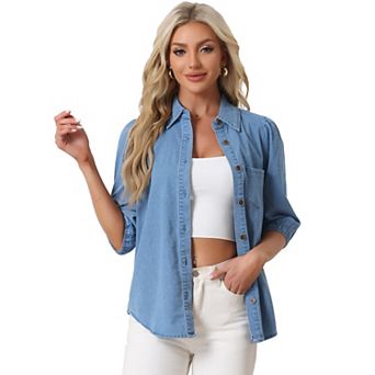 Denim Shirt for Women's 3/4 Puffy Sleeve Collar Button Down Jean Shirts