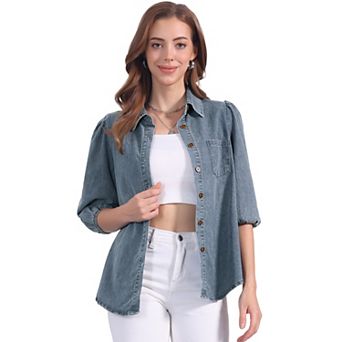 Denim Shirt for Women's 3/4 Puffy Sleeve Collar Button Down Jean Shirts