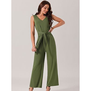 Women's Sleeveless Jumpsuits Tie Waist Stretchy Long Pant Pockets Romper Jumpsuit