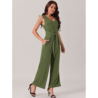 Women's Sleeveless Jumpsuits Tie Waist Stretchy Long Pant Pockets Romper Jumpsuit