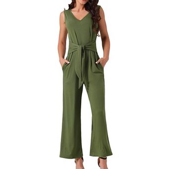 Women's Sleeveless Jumpsuits Tie Waist Stretchy Long Pant Pockets Romper Jumpsuit