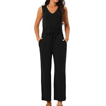 Women's Sleeveless Jumpsuits Tie Waist Stretchy Long Pant Pockets Romper Jumpsuit