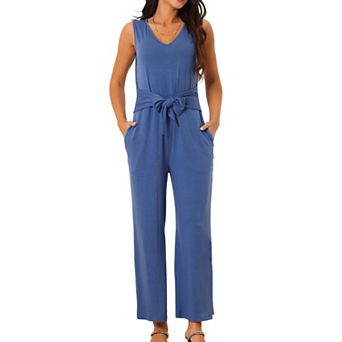 Women's Sleeveless Jumpsuits Tie Waist Stretchy Long Pant Pockets Romper Jumpsuit