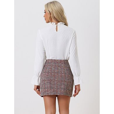 Women's Waist Button Decor Above Knee Length Zipper Elegant Tweed Plaid Mini Skirt
