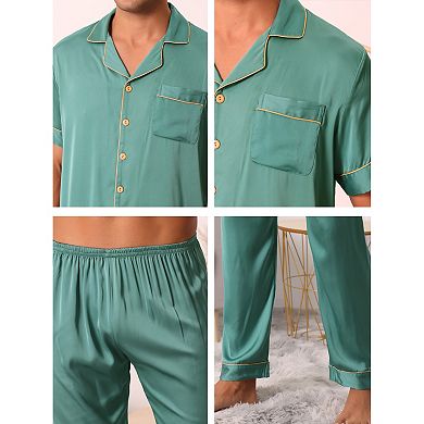 Men's Satin Sleepwear Short Sleeve Button Down T-shirt With Pants Couple Pajama Set