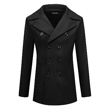 Caqnni Mens Trench Coat Notch Lapel Double Belted Pea Coat Wool Blend Winter Warm Overcoat Black Xxl