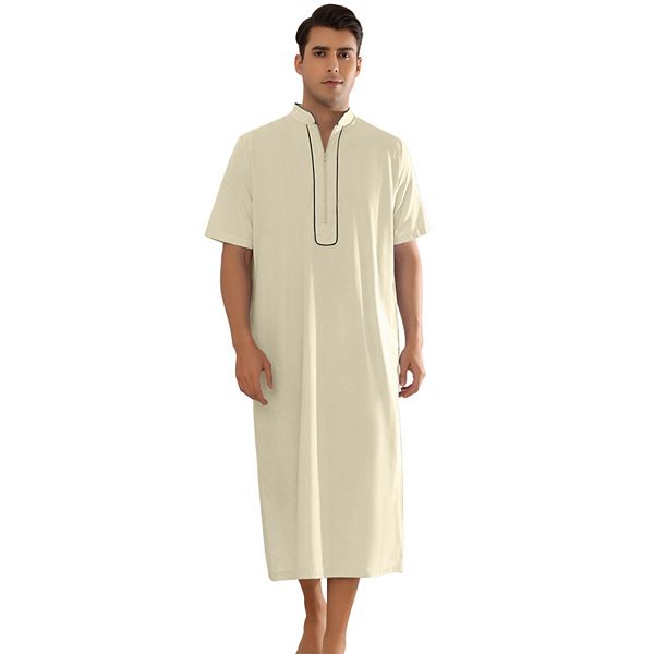 Long Nightgown For Men's Loose Fit Short Sleeves Stand Collar Zipper ...