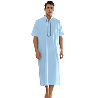 Long Nightgown for Men's Loose Fit Short Sleeves Stand Collar Zipper Nightshirts
