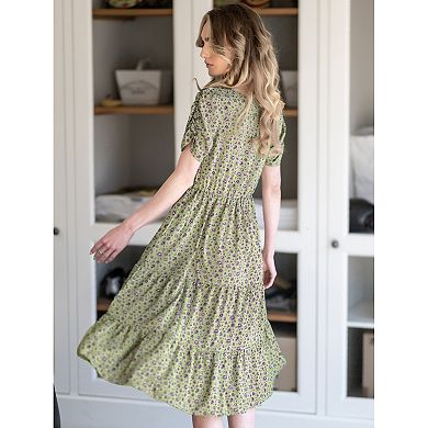 Women's Floral Square Neck Puffy Short Sleeves Tiered Ruffled Hem Dress